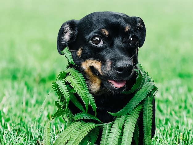 A small black dog in nature smiling