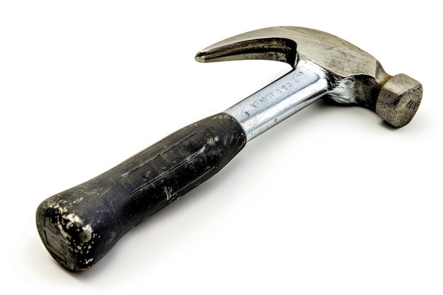 Small black handled hammer for hammering nails on white background