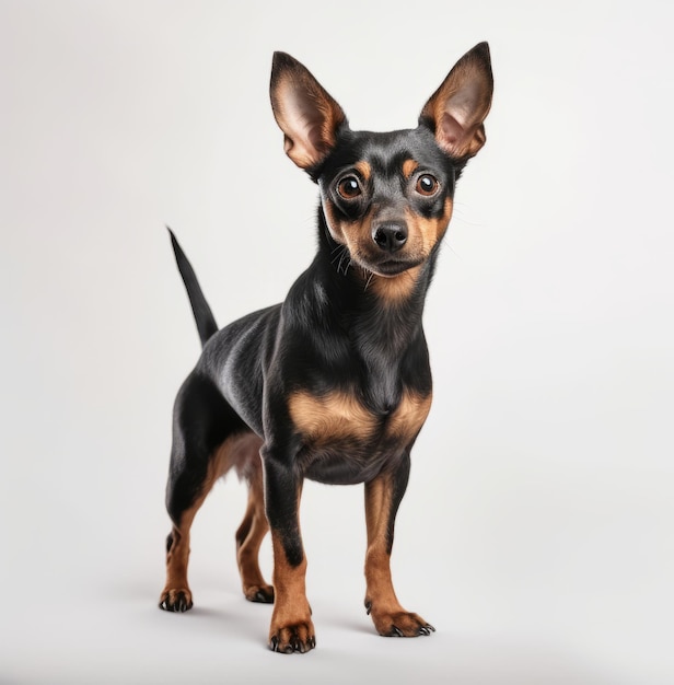 A small black and tan dog with a black face and tan fur on its back.