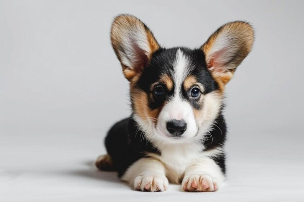 Photo a small black and white dog laying down