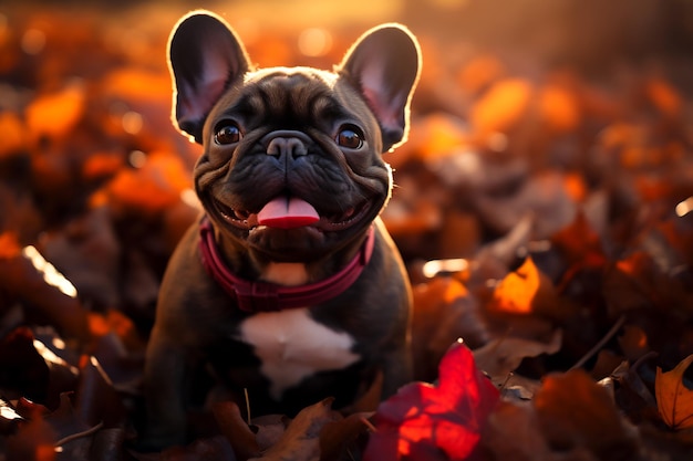 Small black and white dog sitting in pile of leaves Generative AI