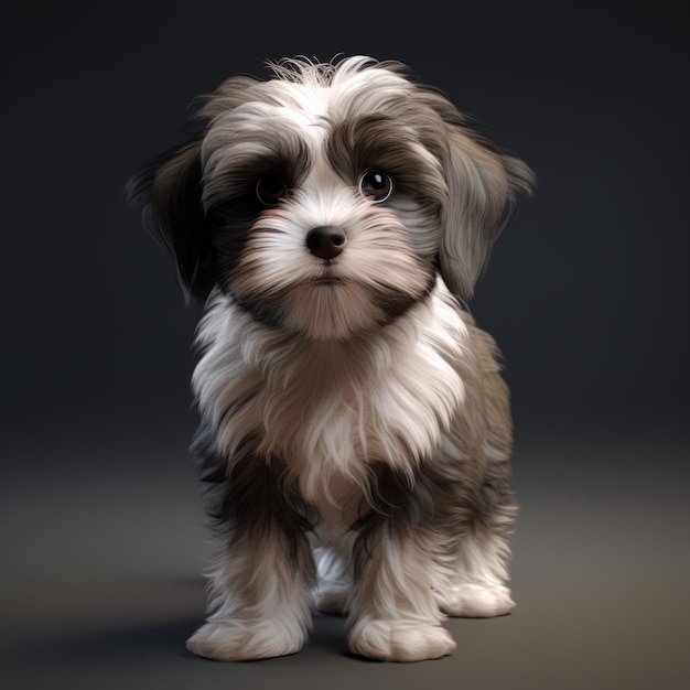 a small black and white puppy is standing in front of a dark background