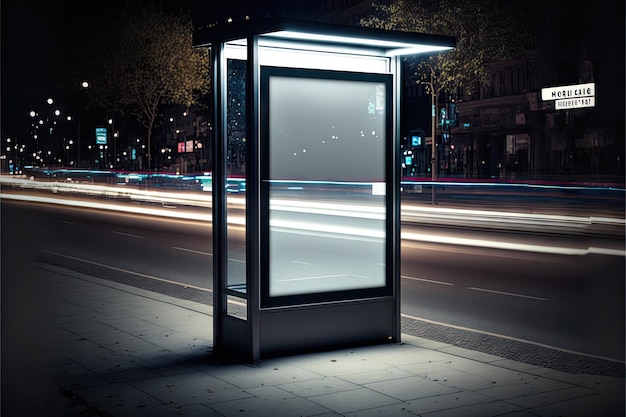 Small blank lightbox mockup standing separately on edge of roadway in night city