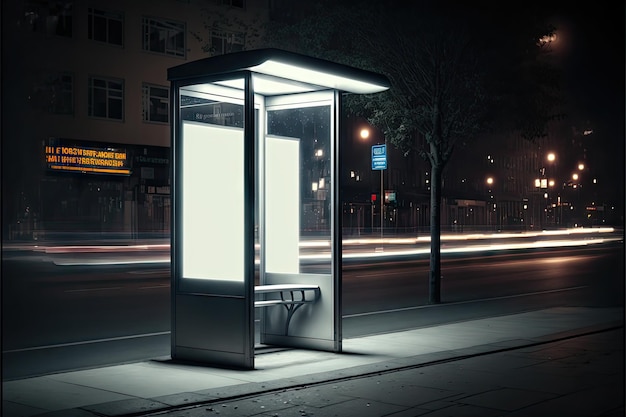 Small blank lightbox mockup standing separately on edge of roadway in night city