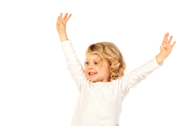 Small blond child raising his arms