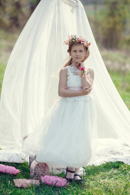 A small blonde European girl in a beautiful dress poses near the scenery in the field. Canopy, flowers, tenderness, wreath,