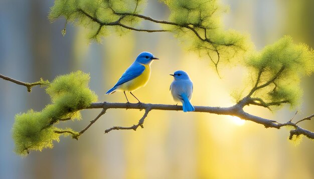 small blue bird perched on a branch with a small moss tree