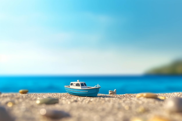 A small blue boat sits on the beach with a blue background.