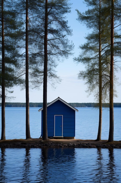 写真 高い松の木に囲まれた湖畔の小さな青い小屋