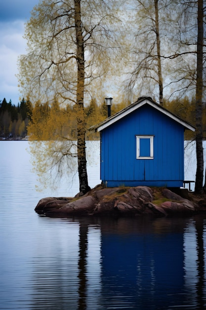 写真 木に囲まれた湖の上の小さな青い小屋