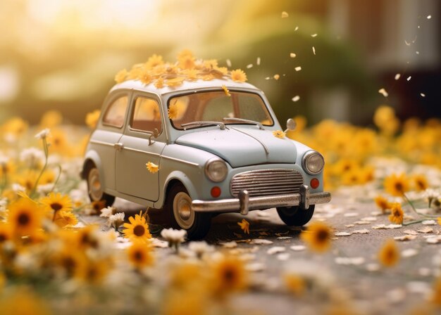 A small blue childrens car stands on an autumn yellow background and beautiful white daisies are on it Autumn concept