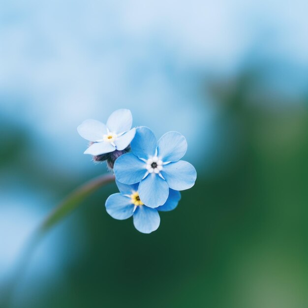 A small blue flower is in front of a green background ai