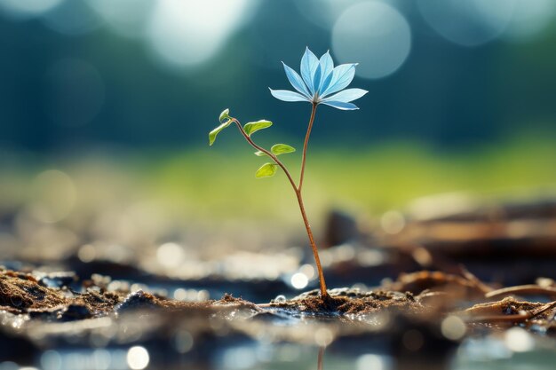 a small blue flower is growing out of the ground