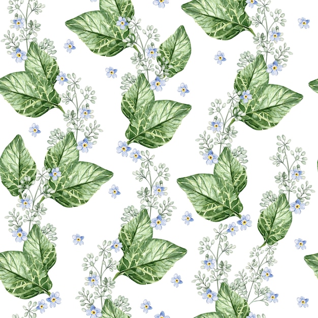 Photo small blue flowers blossom and leaves floral seamless pattern watercolor