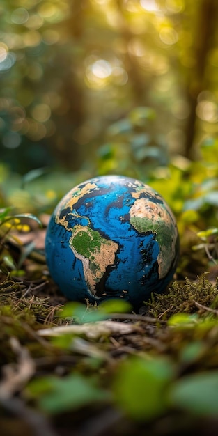 Photo small blue globe on the ground in the middle of the woods