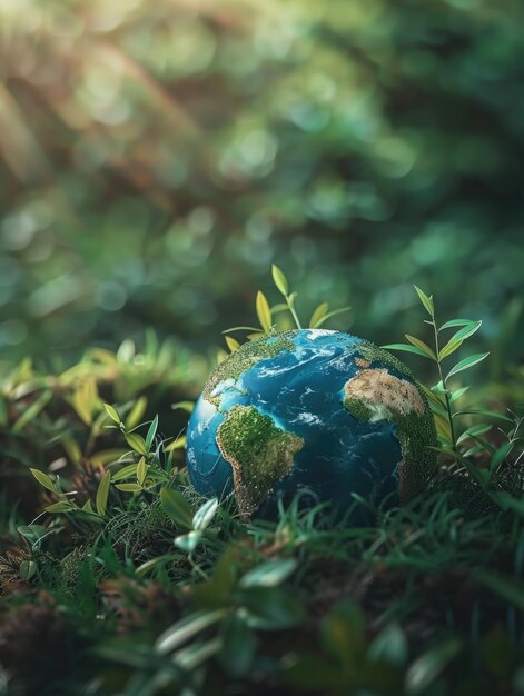 Foto un piccolo pianeta blu e verde è seduto su un pezzo di erba il pianeta è circondato da foglie verdi e erba che gli dà un aspetto naturale e pacifico