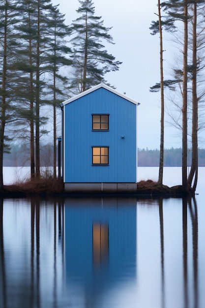 Photo small blue house on a lake surrounded by trees