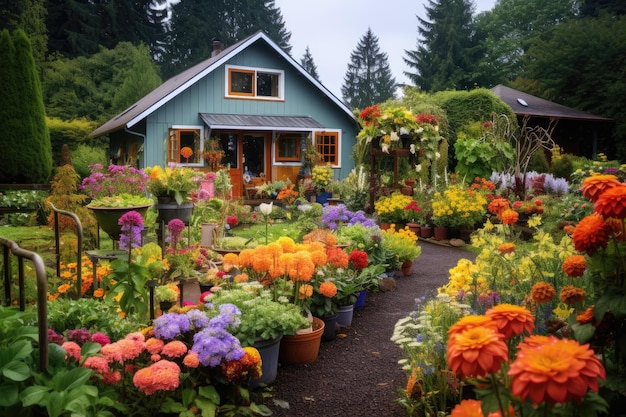 Photo a small blue house with a garden of flowers in the foreground.