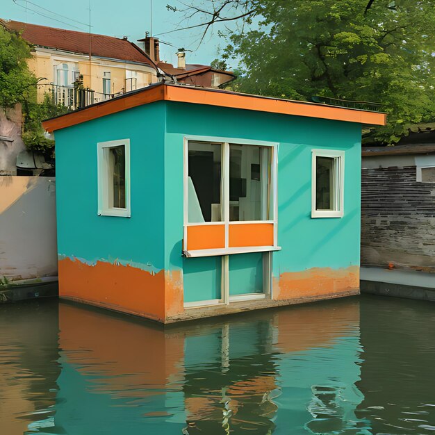 Photo a small blue house with orange trim sits in a flooded area