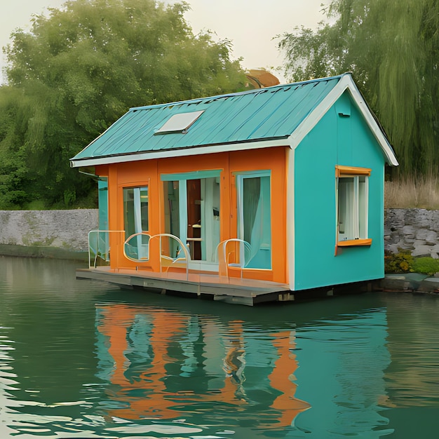 a small blue house with orange trim sits on a lake