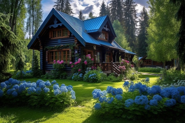 a small blue house with a white table on the deck