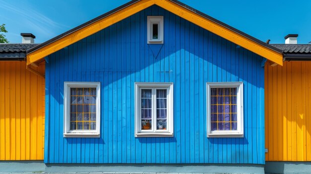 A small blue house with white windows and a yellow metal roof