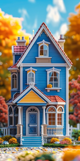 Photo a small blue house with yellow trim
