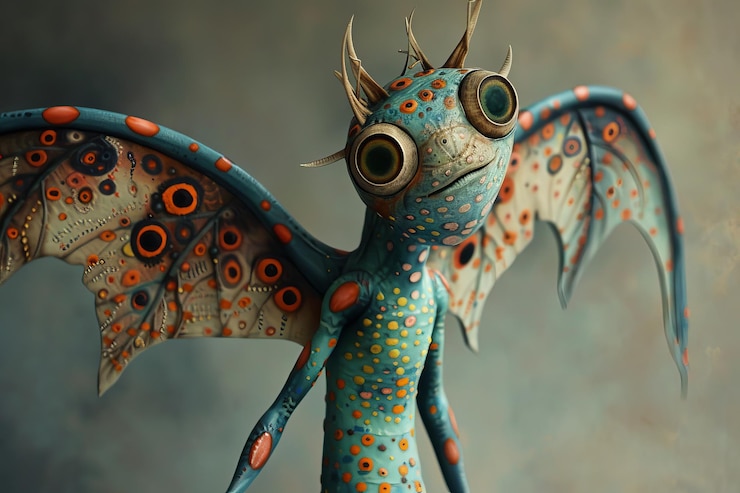 Photo a small blue and orange creature with a large head and a long tail