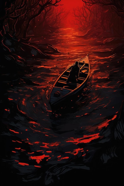 Foto piccola barca nell'oceano buio