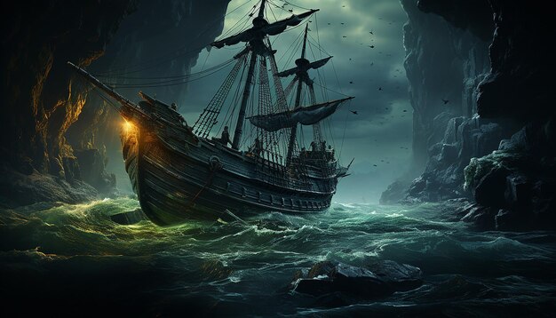 A small boat entering a cliff cave entrance grim dark fantasy illustration artstation