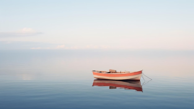 a small boat floating on top of a lake