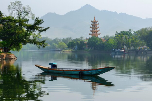 Photo a small boat floating on top of a lake