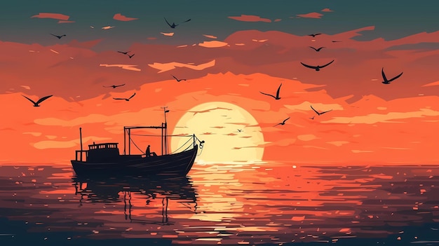 Small boat in front of a sunset digital art illustration