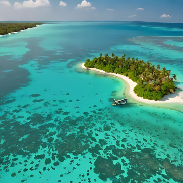 a small boat is anchored in the water near a beach