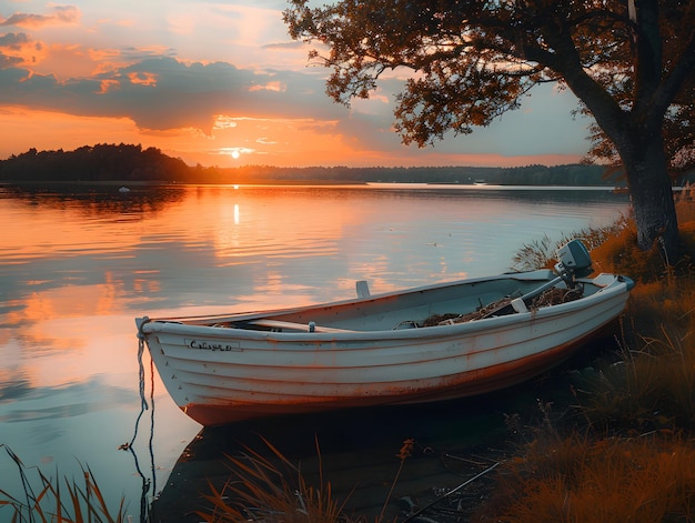 A small boat rests on the shore next to a tree The sky is orange and pink from the sunrise