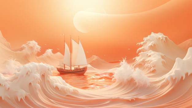 Small boat rides the wind and waves in the waves 3D rendering