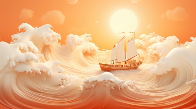 Small boat rides the wind and waves in the waves 3D rendering