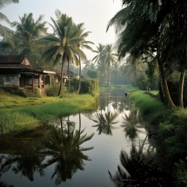 A small body of water with a house and trees in the kerala background