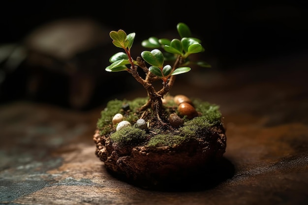 A small bonsai tree sits on a small round piece of wood.