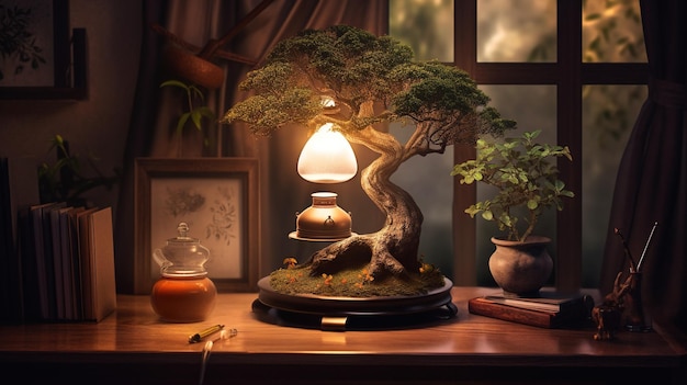 A small bonsai tree sits on a table in front of a window.