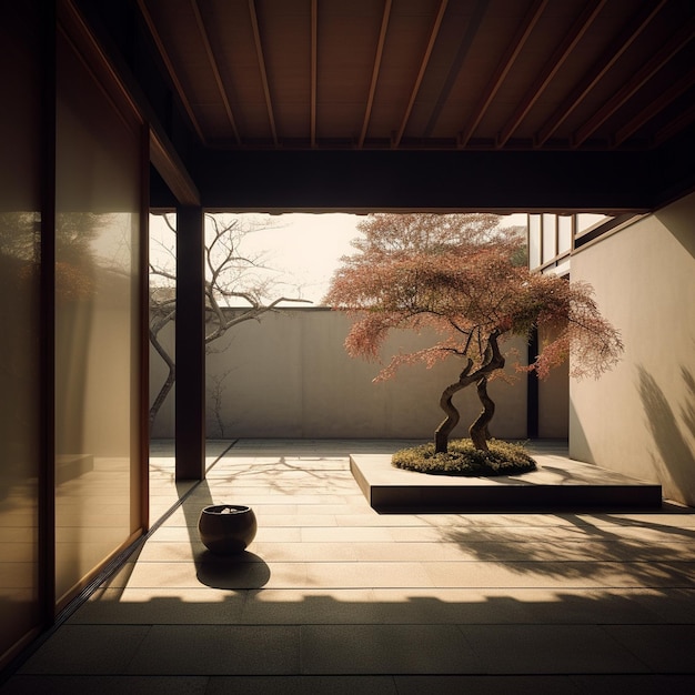 a small bonsai tree in a zen garden