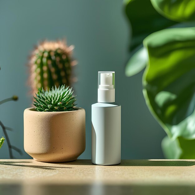 A small bottle of cleanser next to a cactus and plant