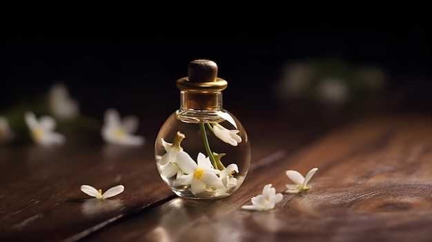 A small bottle of flowers is filled with petals on a wooden table