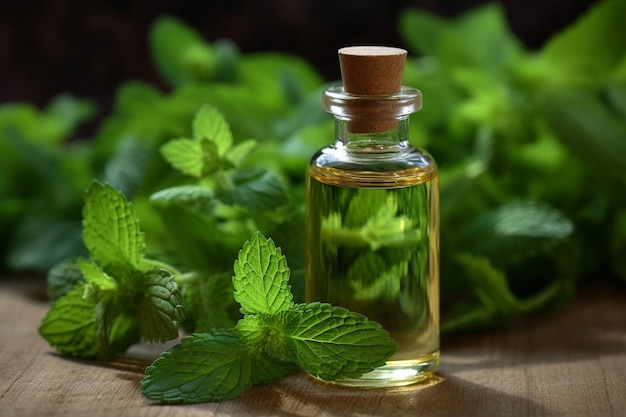 A small bottle of mint essential oil next to a pi