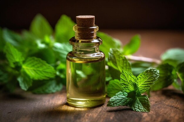 A small bottle of mint essential oil next to a pi