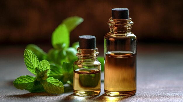 A small bottle of mint essential oil