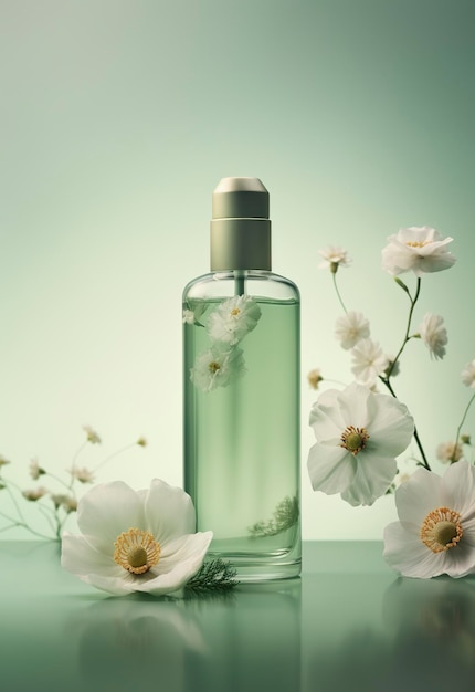 A small bottle with flowers is flying around in the style of minimal retouching gong bi soft color blending light green and white layered imagery generat ai