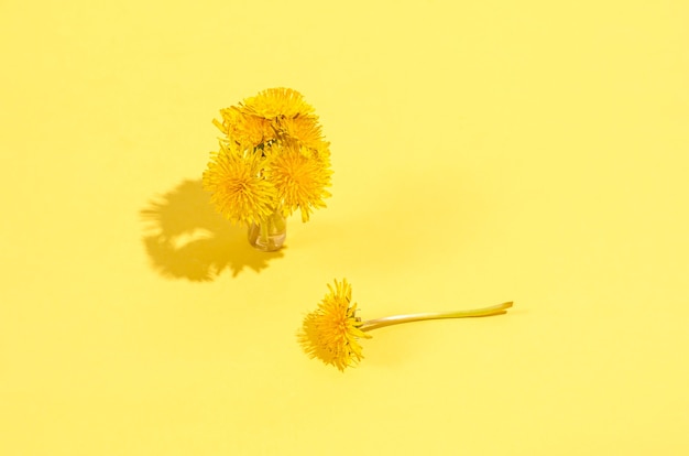 Small bouquet of dandelions in a vase with hard shadows on a yellow background. Seasonality concept, spring. Flat lay, copy space, place for text.