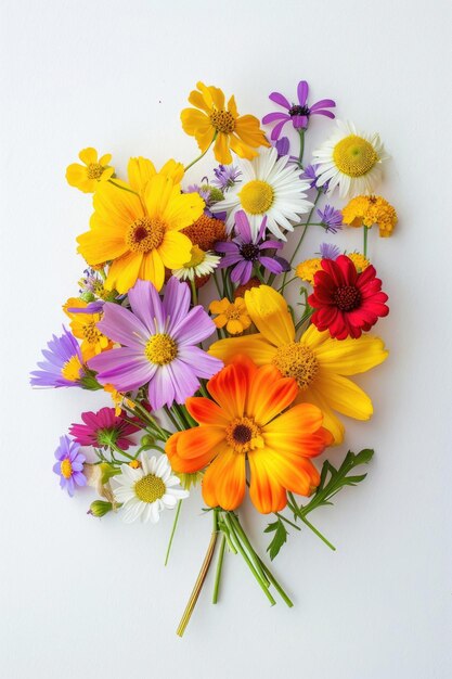 small bouquet with mixed bright flowers on white background