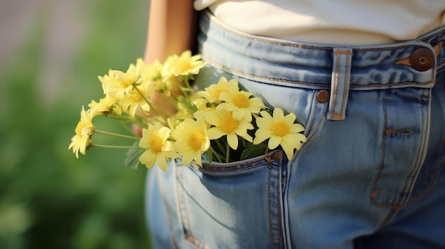 Small Bouquet of yellow flowers in the pocket of Jeans Ai